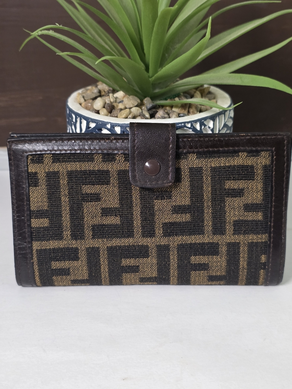 Fendi Brown and Dark Brown FF Logo Snap Kisslock French Wallet